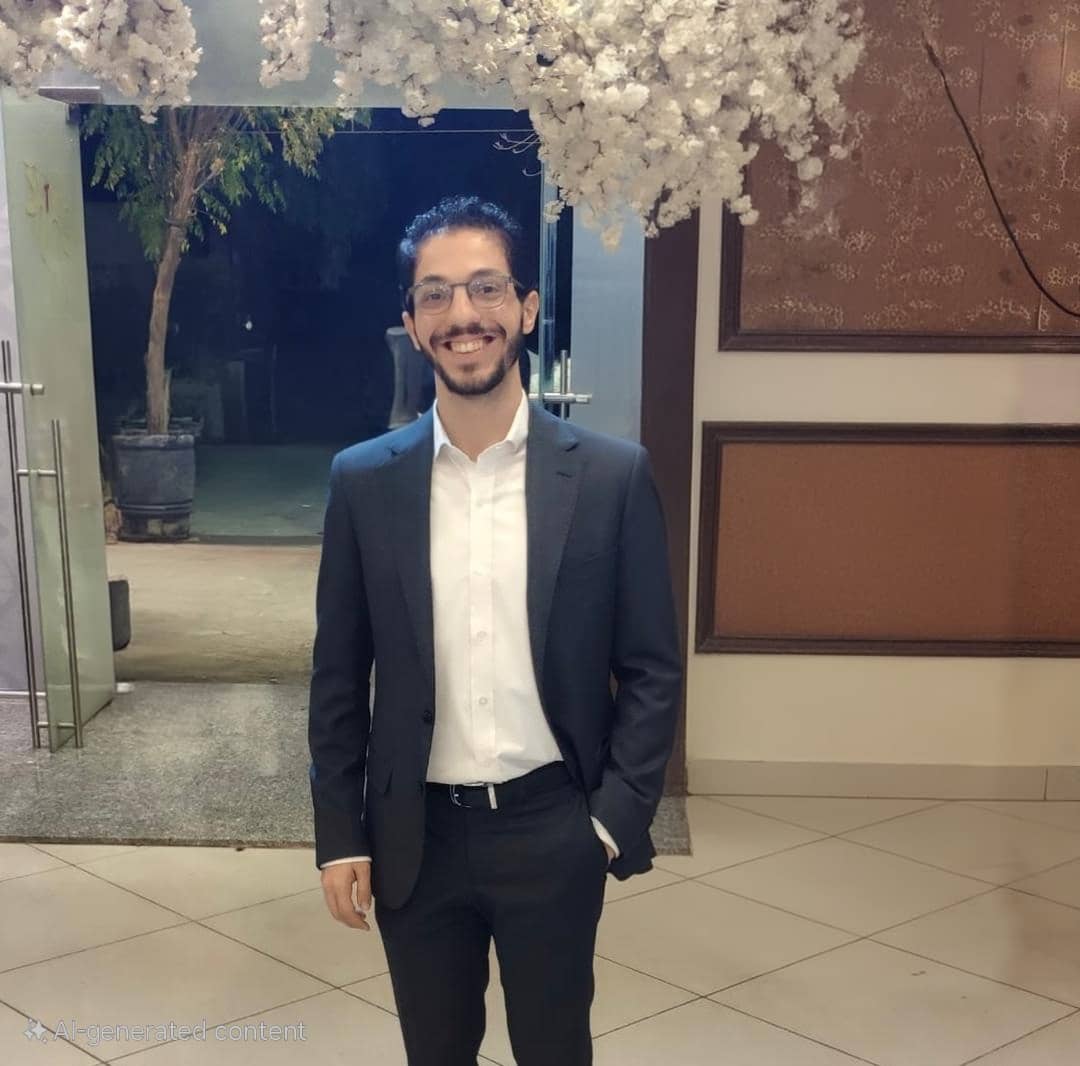 professional headshot of middle eastern tech executive, confident smile, modern business attire, technology background