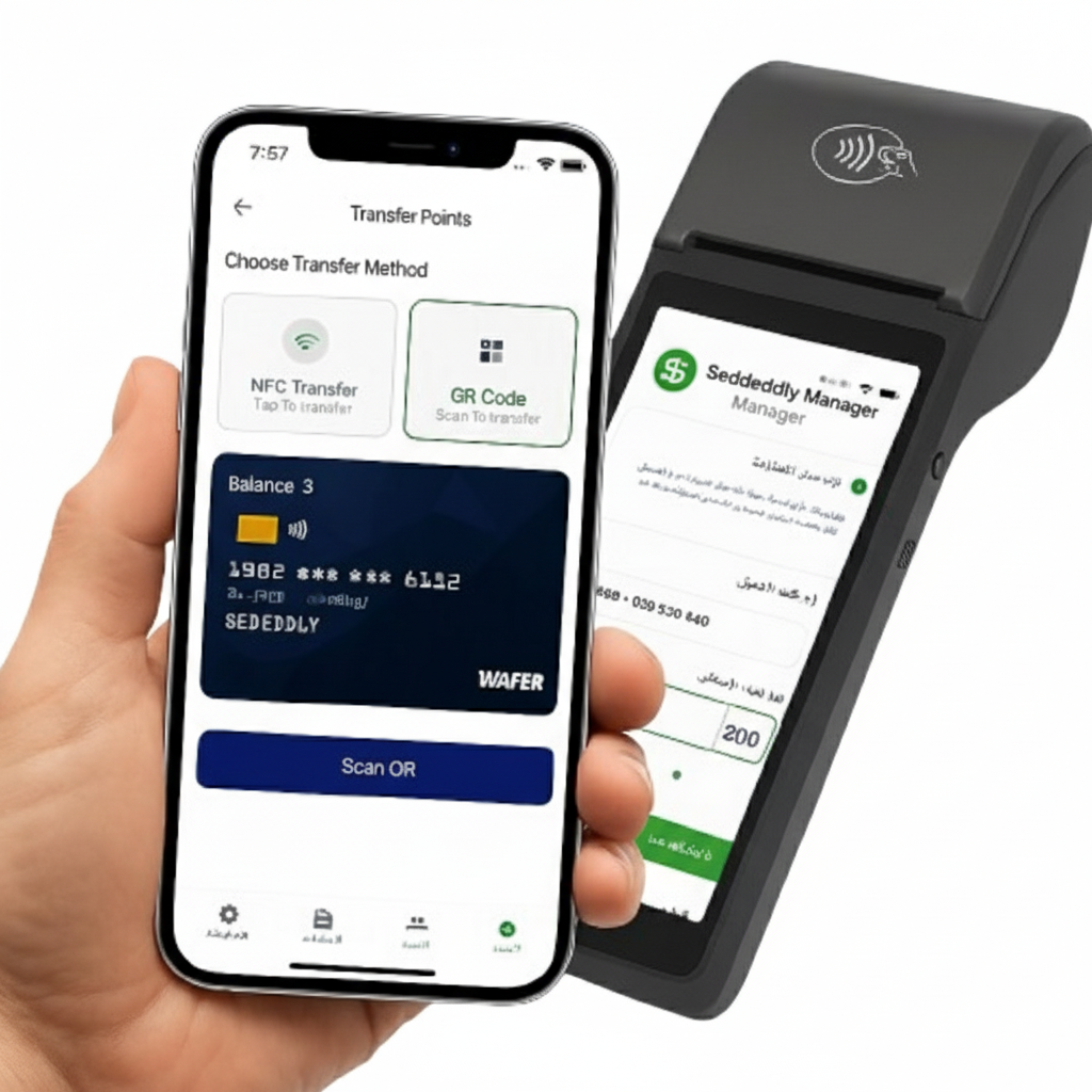 modern mobile app interface showing loyalty dashboard with green primary color, multiple visa cards, NFC payment terminal, QR code scanner